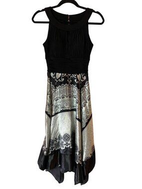 Signature By Sangria Black Silver Sleeveless Handkerchief Hem Midi Dress Size 4
